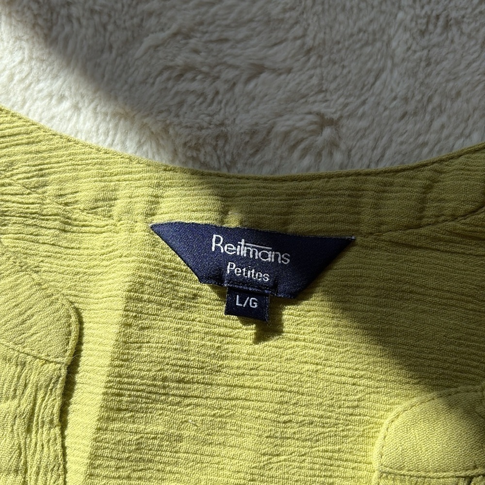 Reitmans Chartreuse Tunic Size Large Petite | Boho Style | Pin-Tuck Blouse | - Picture 7 of 8